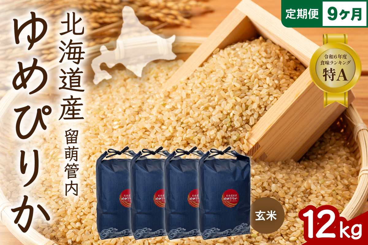 9ヵ月定期便 北海道 留萌管内産 ゆめぴりか 玄米 12kg(3kg×4袋) R004-125