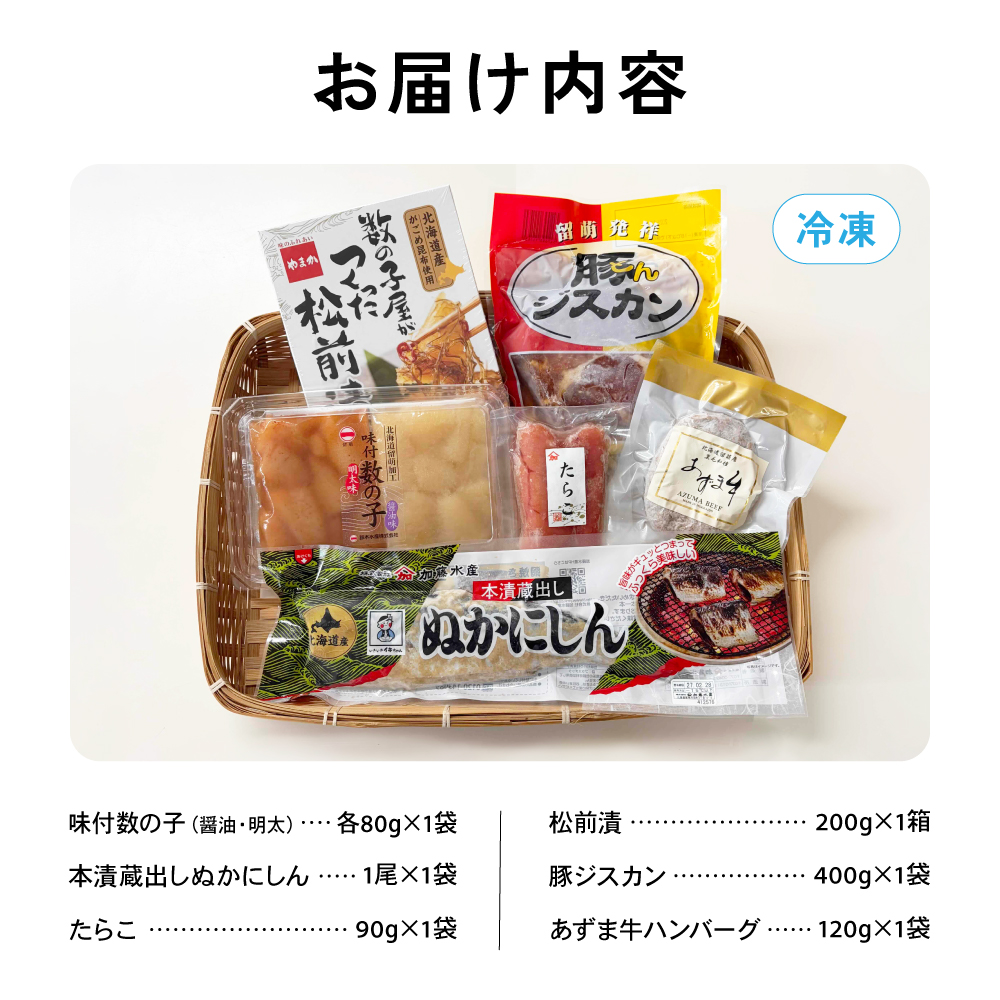 留萌特産品セットB 味付 数の子 たらこ 松前漬 豚ジスカン あずま牛 ハンバーグ かずのこ タラコ 松前漬け 豚 ジンギスカン R005-046