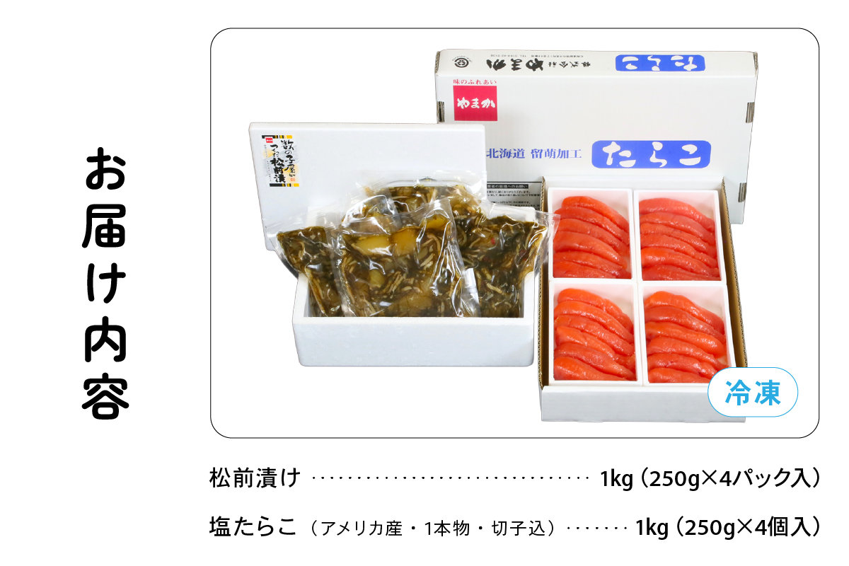 松前漬1kg（250g×4入）･塩たらこ1kg（250g×4入）　お正月　人気　魚卵　高級　 イクラ 松前漬 松前 数の子 かずのこ 海鮮 魚介類 魚介 海産物 ごはんのお供 冷凍 おかず おつまみ 加工食品 漬物 漬け物 惣菜 魚卵 株式会社やまか おせち