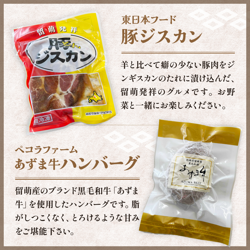 留萌特産品セットB 味付 数の子 たらこ 松前漬 豚ジスカン あずま牛 ハンバーグ かずのこ タラコ 松前漬け 豚 ジンギスカン R005-046