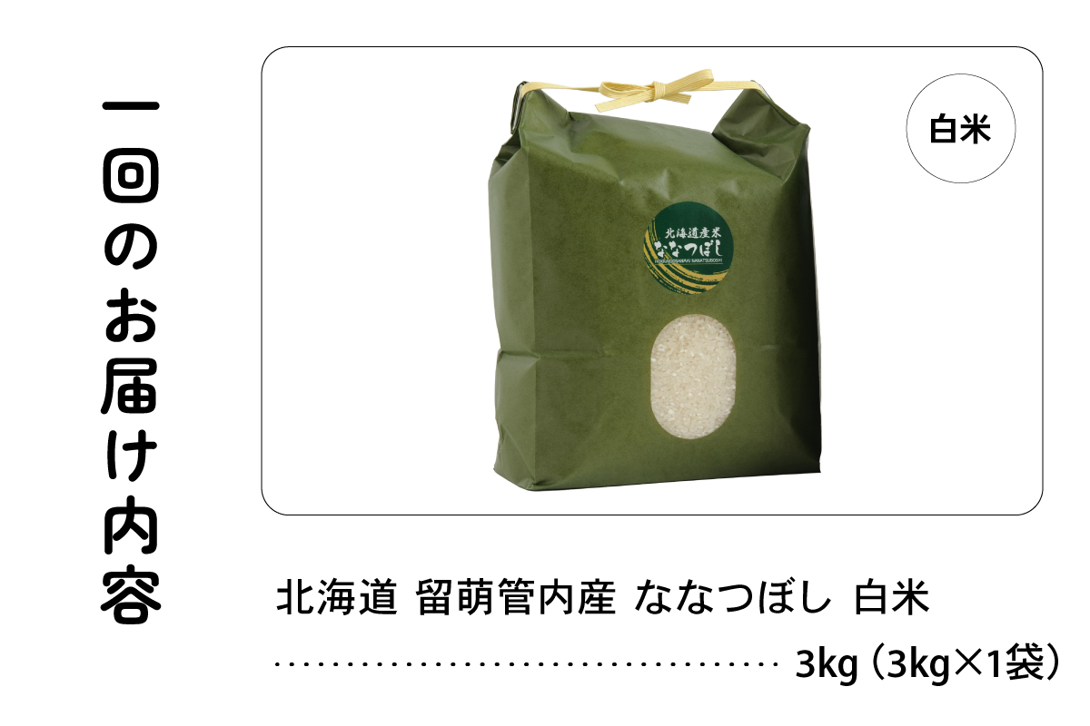 6ヵ月定期便 北海道 留萌管内産 ななつぼし 白米 3kg R004-033