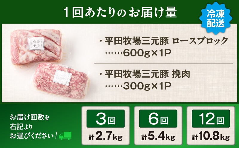 【全3回 毎月定期便】日本の米育ち平田牧場三元豚ロースブロック 600g・三元豚挽肉 300g 定期便 定期 肉 お肉 にく 豚 豚肉 ブタ ぶた 三元豚