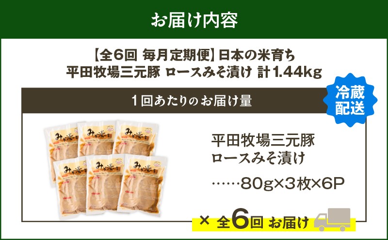 【全6回 毎月定期便】日本の米育ち平田牧場三元豚ロースみそ漬け 80g×3枚×6P 定期便 定期 肉 お肉 にく 豚 豚肉 ブタ ぶた 三元豚