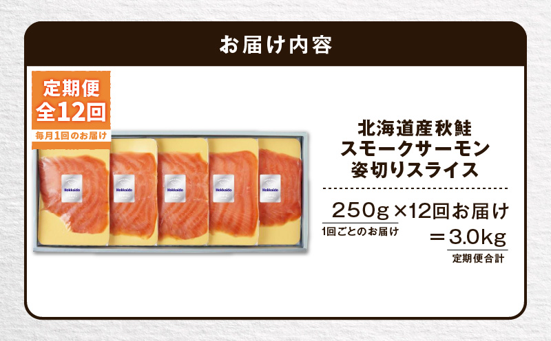 【全12回定期便（毎月）】【王子サーモン】北海道産秋鮭スモークサーモン姿切スライス 250g 魚 魚介 惣菜 総菜