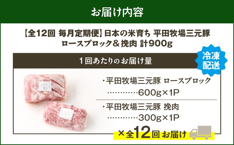 【全12回 毎月定期便】日本の米育ち平田牧場三元豚ロースブロック 600g・三元豚挽肉 300g 定期便 定期 肉 お肉 にく 豚 豚肉 ブタ ぶた 三元豚