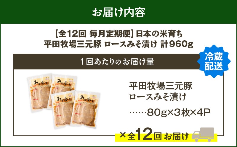 【全12回 毎月定期便】日本の米育ち平田牧場三元豚ロースみそ漬け 80g×3枚×4P 定期便 定期 肉 お肉 にく 豚 豚肉 ブタ ぶた 三元豚