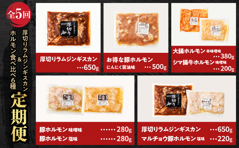 【全5回定期便】厚切りラムジンギスカン＋ホルモン食べ比べ6種セット 定期便 定期 豚 牛 羊 定期5回 ジンギスカン 厚切りジンギスカン 豚ホルモン ホルモン