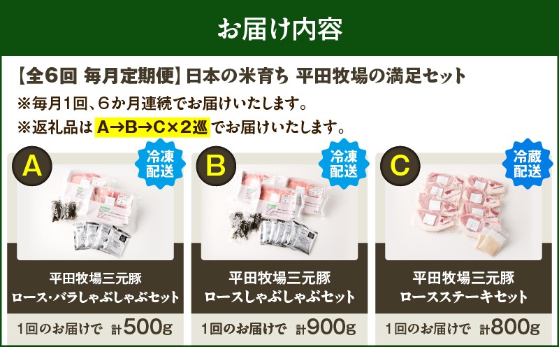 【全6回 毎月定期便】日本の米育ち平田牧場の満足セット！ 定期便 定期 肉 お肉 にく 豚 豚肉 ブタ ぶた 三元豚