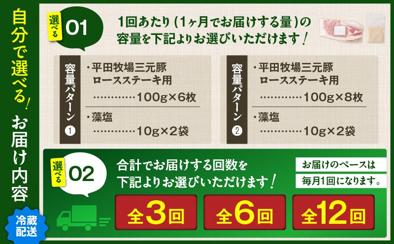 【全3回 毎月定期便】日本の米育ち平田牧場 三元豚ロースステーキ 6枚 定期便 定期 肉 お肉 にく 豚 豚肉 ブタ ぶた 三元豚