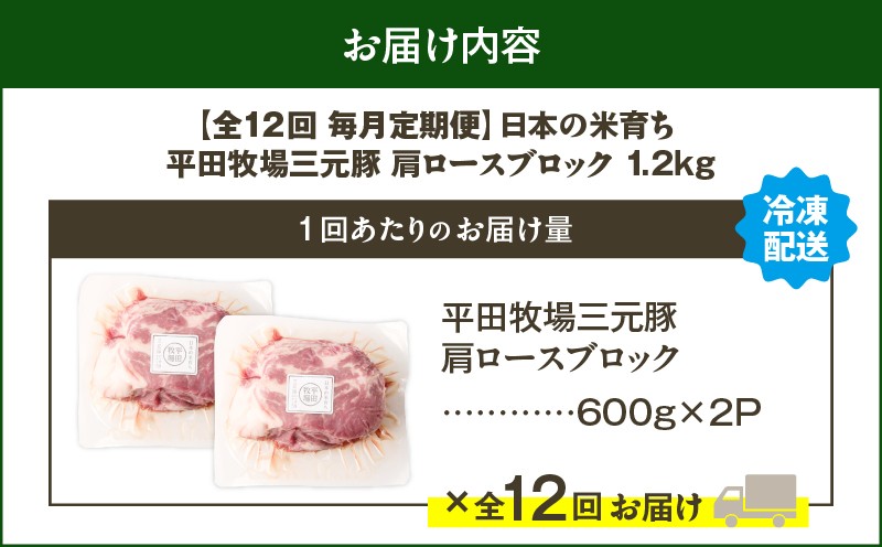 【全12回 毎月定期便】日本の米育ち平田牧場三元豚肩ロースブロック 1.2kg 定期便 定期 肉 お肉 にく 豚 豚肉 ブタ ぶた 三元豚