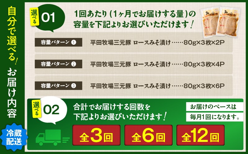 【全3回 毎月定期便】日本の米育ち平田牧場三元豚ロースみそ漬け 80g×3枚×2P 定期便 定期 肉 お肉 にく 豚 豚肉 ブタ ぶた 三元豚