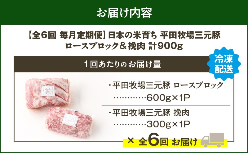 【全6回 毎月定期便】日本の米育ち平田牧場三元豚ロースブロック 600g・三元豚挽肉 300g 定期便 定期 肉 お肉 にく 豚 豚肉 ブタ ぶた 三元豚