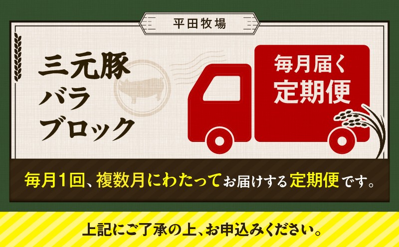 【全3回 毎月定期便】日本の米育ち平田牧場三元豚バラブロック 600g 定期便 定期 肉 お肉 にく 豚 豚肉 ブタ ぶた 三元豚