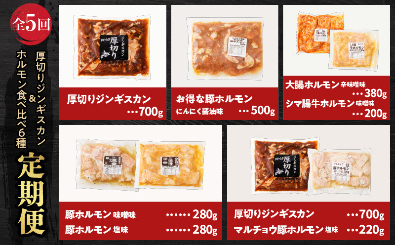 【全5回定期便】厚切りジンギスカン＋ホルモン食べ比べ6種セット 定期便 定期 豚 牛 羊 定期5回 ジンギスカン 厚切りジンギスカン 豚ホルモン ホルモン