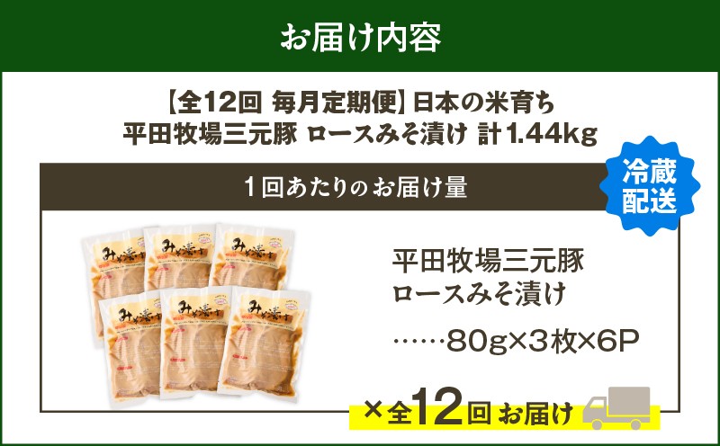 【全12回 毎月定期便】日本の米育ち平田牧場三元豚ロースみそ漬け 80g×3枚×6P 定期便 定期 肉 お肉 にく 豚 豚肉 ブタ ぶた 三元豚