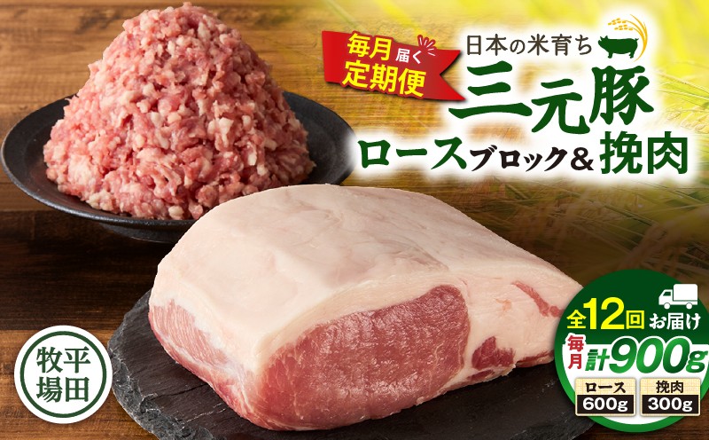 【全12回 毎月定期便】日本の米育ち平田牧場三元豚ロースブロック 600g・三元豚挽肉 300g 定期便 定期 肉 お肉 にく 豚 豚肉 ブタ ぶた 三元豚