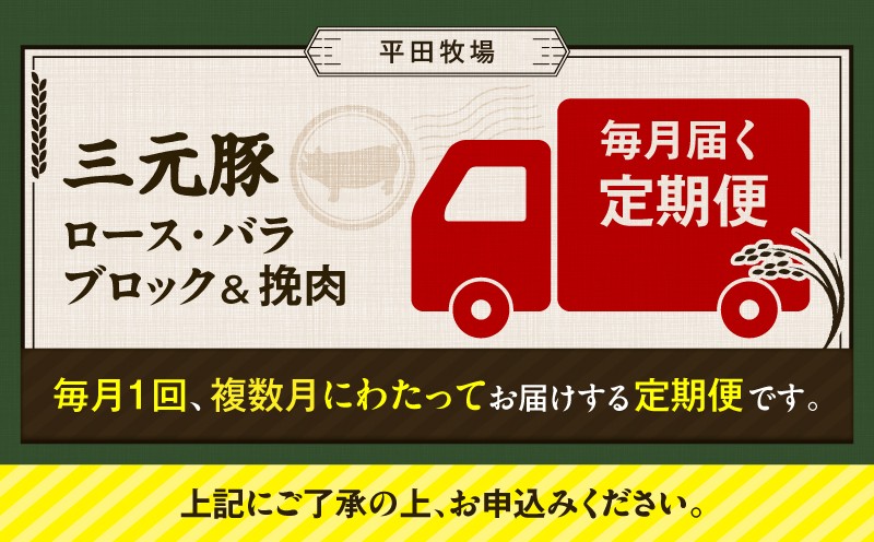 【全3回 毎月定期便】日本の米育ち平田牧場三元豚バラブロック 600g・豚ロースブロック 600g・豚挽肉 600g 定期便 定期 肉 お肉 にく 豚 豚肉 ブタ ぶた 三元豚