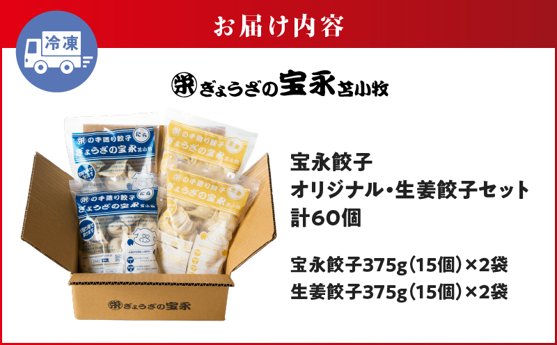 手包み餃子 ぎょうざの宝永 生姜餃子60個セット（宝永餃子15個入×2袋・生姜餃子15個入×2袋） 惣菜 総菜 餃子 ぎょうざ ギョウザ 生姜餃子 冷凍餃子 冷凍 豚 ブタ