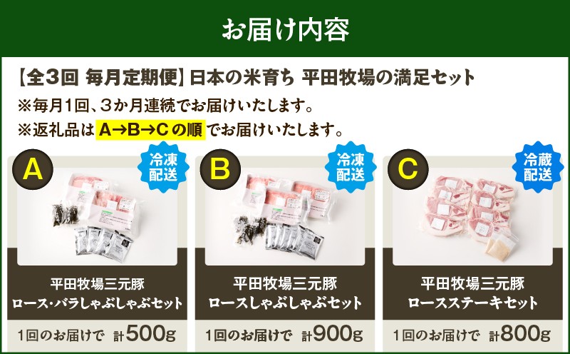 【全3回 毎月定期便】日本の米育ち平田牧場の満足セット！ 定期便 定期 肉 お肉 にく 豚 豚肉 ブタ ぶた 三元豚