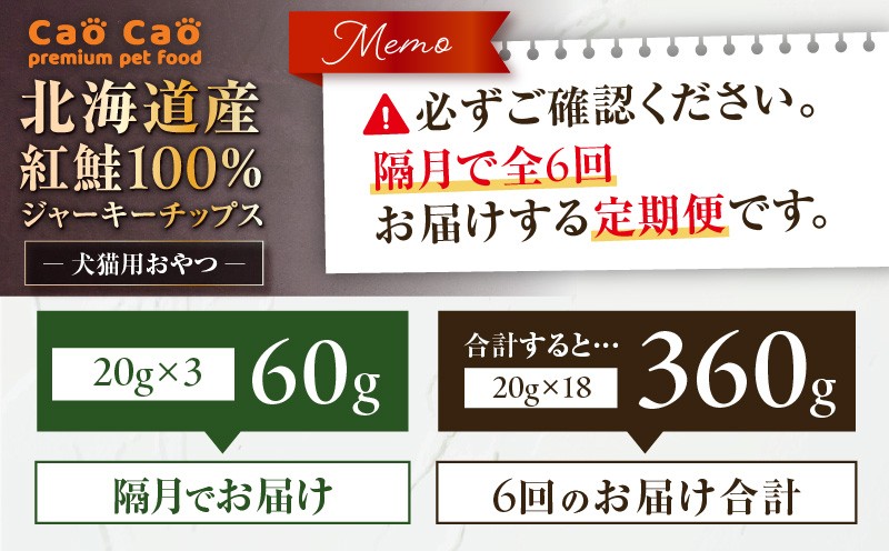 【全6回定期便】Cao Cao 北海道産 紅鮭100%ジャーキーチップス 60g（20g×3袋） 定期便 ペットフード ペット ペットグッズ ペット用品 ジャーキー 鮭ジャーキー チップス ジャーキーチップス トッピング