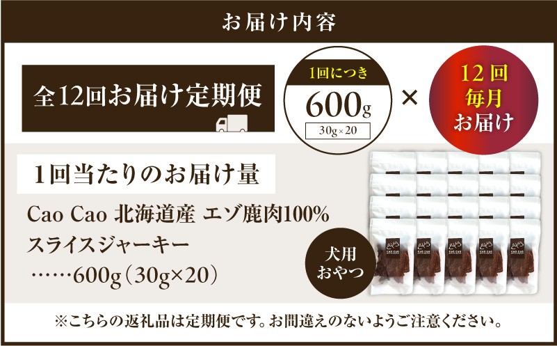 【全12回定期便】Cao Cao エゾ鹿肉100% スライスジャーキー 600g（30g×20袋） 定期便 ペットフード ペット ペット用品 ジャーキー スライス エゾ鹿肉 犬のおやつ 愛犬 無添加