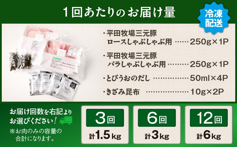 【全6回 毎月定期便】日本の米育ち平田牧場 三元豚ロース 250g・バラしゃぶしゃぶロース 250g 定期便 定期 肉 お肉 にく 豚 豚肉 ブタ ぶた 三元豚