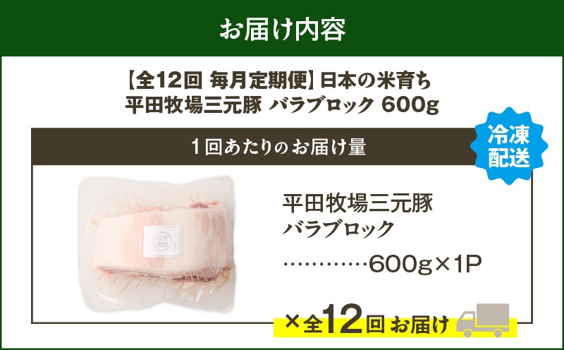 【全12回 毎月定期便】日本の米育ち平田牧場三元豚バラブロック 600g 定期便 定期 肉 お肉 にく 豚 豚肉 ブタ ぶた 三元豚