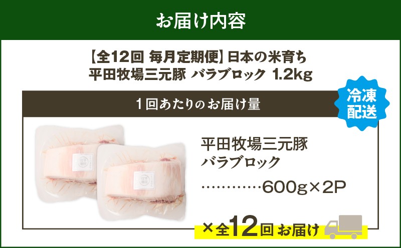 【全12回 毎月定期便】日本の米育ち平田牧場三元豚バラブロック 1.2kg 定期便 定期 肉 お肉 にく 豚 豚肉 ブタ ぶた 三元豚