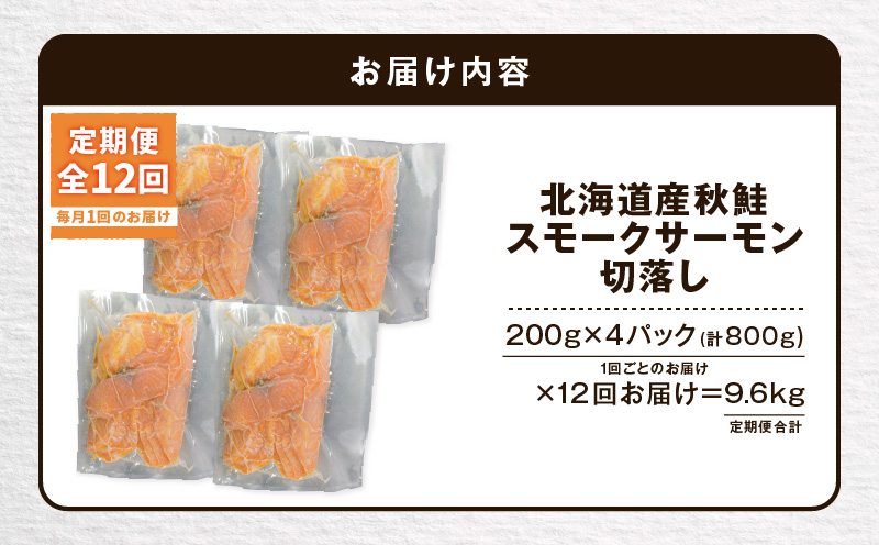 【全12回定期便（毎月）】【王子サーモン】北海道産チップで燻製　北海道産秋鮭スモークサーモン切落し200g×4個セット 魚 魚介 惣菜 総菜