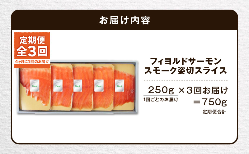 【全3回定期便（4ヶ月毎）】【王子サーモン】フィヨルドサーモンスモーク姿切スライス 250g 魚 魚介 惣菜 総菜