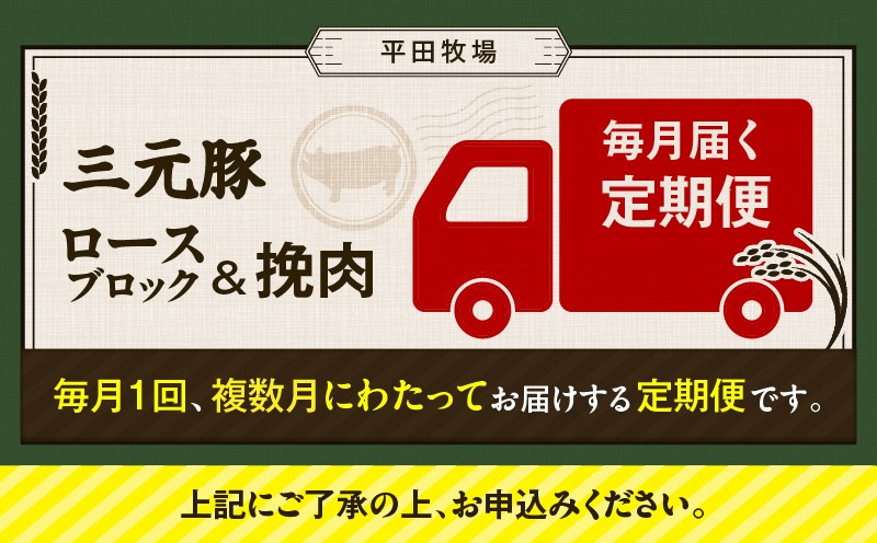 【全3回 毎月定期便】日本の米育ち平田牧場三元豚ロースブロック 600g・三元豚挽肉 300g 定期便 定期 肉 お肉 にく 豚 豚肉 ブタ ぶた 三元豚