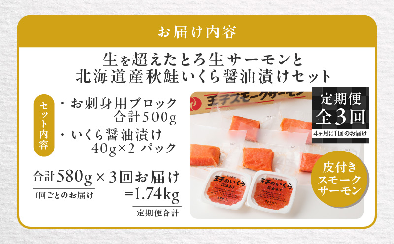 【全3回定期便（4ヶ月毎）】【王子サーモン】生を超えた「とろ生サーモン」と北海道産秋鮭 いくら醤油漬セット 計580g 魚 魚介