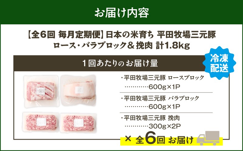 【全6回 毎月定期便】日本の米育ち平田牧場三元豚バラブロック 600g・豚ロースブロック 600g・豚挽肉 600g 定期便 定期 肉 お肉 にく 豚 豚肉 ブタ ぶた 三元豚