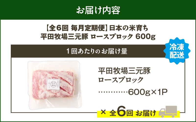 【全6回 毎月定期便】日本の米育ち平田牧場三元豚ロースブロック 600g 定期便 定期 肉 お肉 にく 豚 豚肉 ブタ ぶた 三元豚