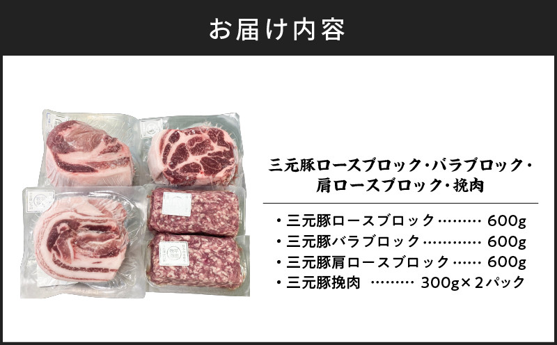 日本の米育ち平田牧場 三元豚ロースブロック・バラブロック・肩ロースブロック・挽肉　各600g（計2.4kg） 肉 お肉 にく 豚 豚肉 ブタ ぶた 三元豚 ロースブロック バラブロック