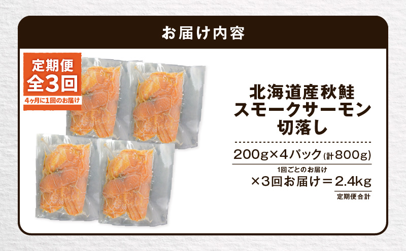 【全3回定期便（4ヶ月毎）】【王子サーモン】北海道産チップで燻製　北海道産秋鮭スモークサーモン切落し200g×4個セット 魚 魚介 惣菜 総菜