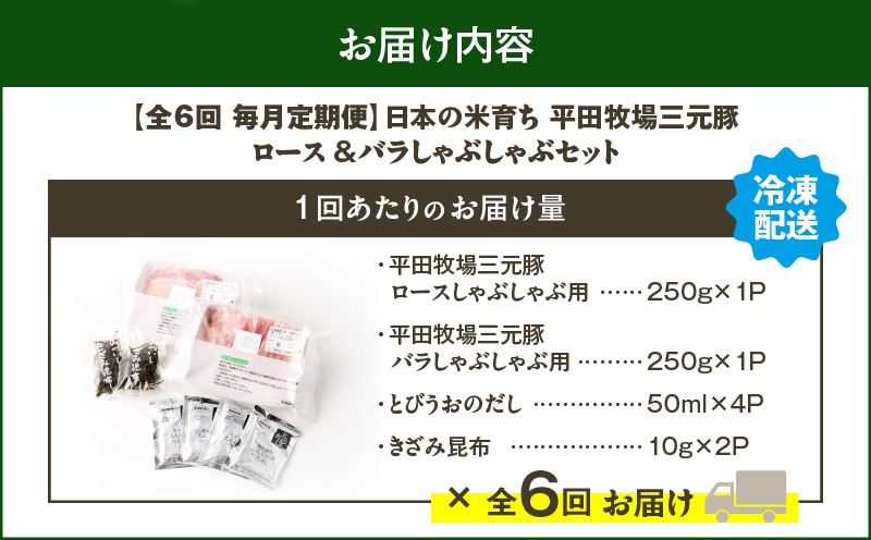 【全6回 毎月定期便】日本の米育ち平田牧場 三元豚ロース 250g・バラしゃぶしゃぶロース 250g 定期便 定期 肉 お肉 にく 豚 豚肉 ブタ ぶた 三元豚