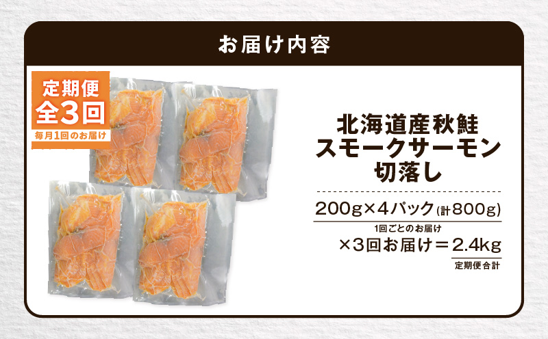 【全3回定期便（毎月）】【王子サーモン】北海道産チップで燻製　北海道産秋鮭スモークサーモン切落し200g×4個セット 魚 魚介 惣菜 総菜