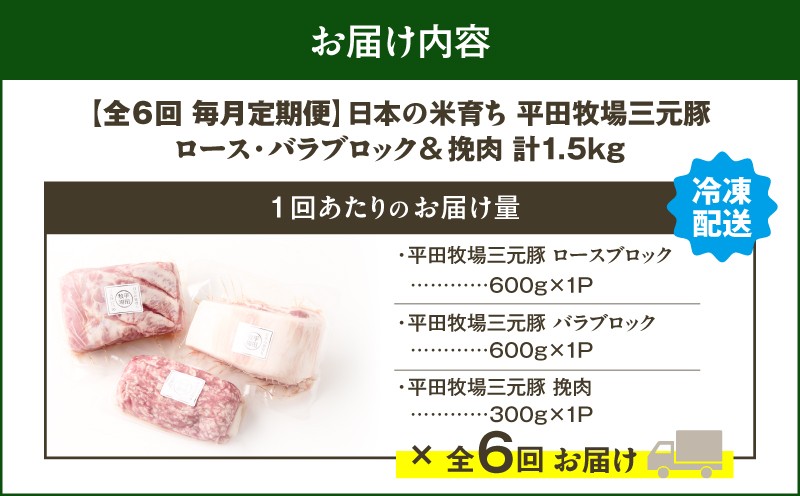 【全6回 毎月定期便】日本の米育ち平田牧場三元豚バラブロック 600g・豚ロースブロック 600g・豚挽肉 300g 定期便 定期 肉 お肉 にく 豚 豚肉 ブタ ぶた 三元豚