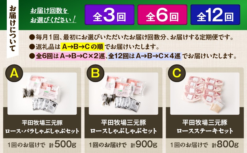 【全3回 毎月定期便】日本の米育ち平田牧場の満足セット！ 定期便 定期 肉 お肉 にく 豚 豚肉 ブタ ぶた 三元豚