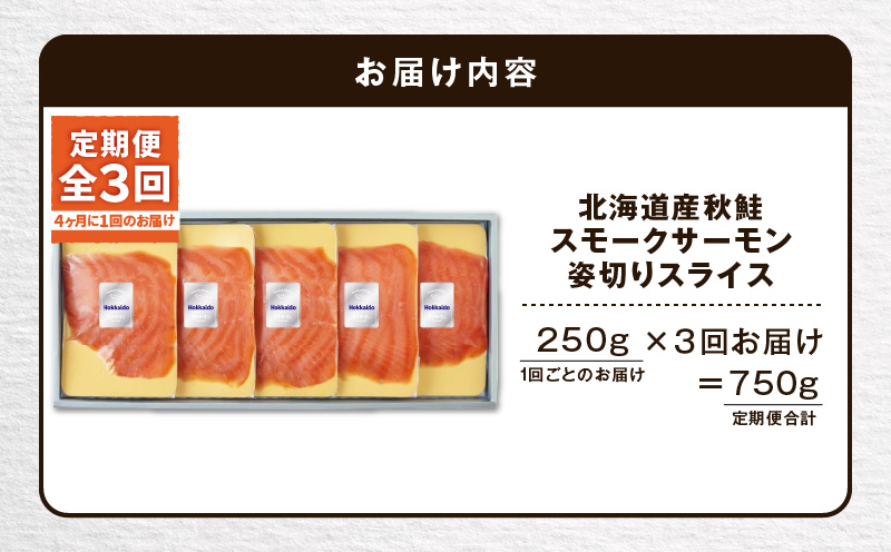 【全3回定期便（4ヶ月毎）】【王子サーモン】北海道産秋鮭スモークサーモン姿切スライス 250g 魚 魚介 惣菜 総菜
