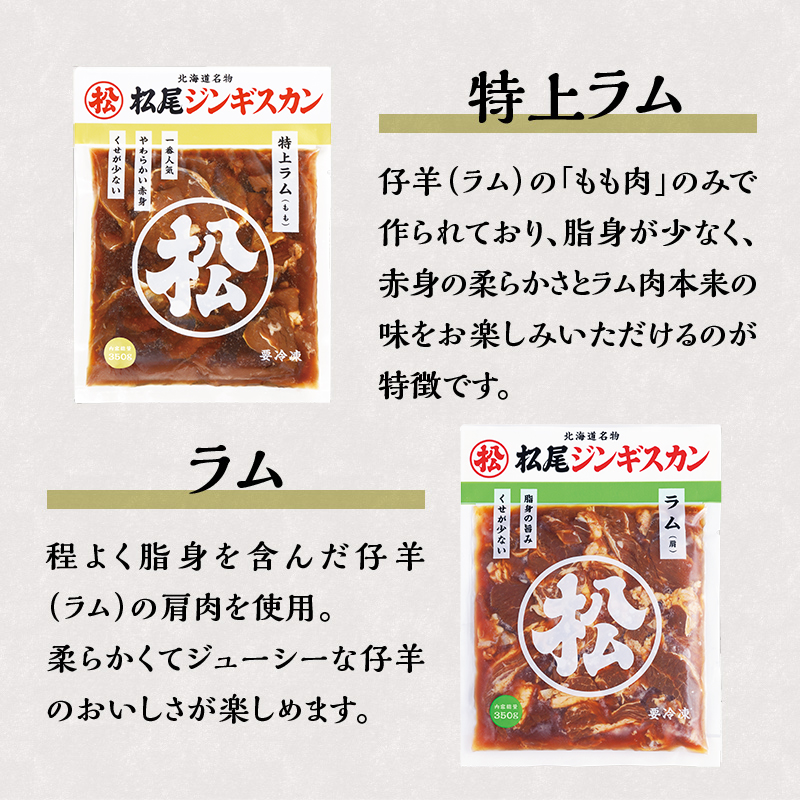 【松尾ジンギスカン】ラム肉食べ比べセットA 北海道 滝川 ソウルフード 成吉思汗 BBQ 肉 焼き肉 焼肉 バーべキュー ラム マトン ラム肉 羊 羊肉 ジンギスカン タレ 味付 個包装 冷凍 おすすめ