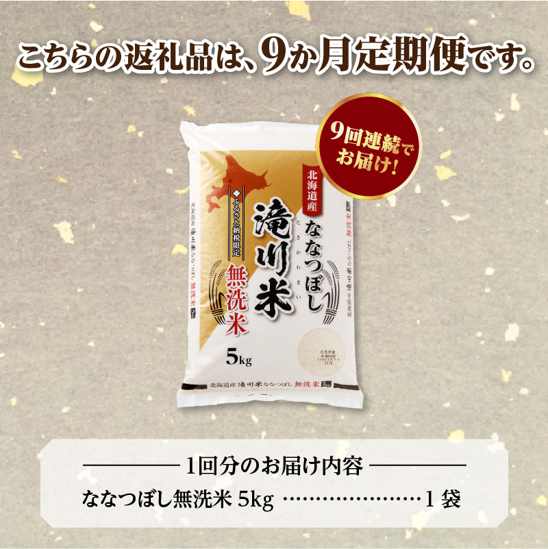特A 北海道滝川産 ななつぼし 無洗米 5kg 9ヵ月定期便【R8年産】お米マイスター 新米 単一米 産地限定米 ブランド米 北海道米 北海道産 白米 精米 米 こめ お米 ご飯 おにぎり 道産 送料無料 むせんまい 限定 贈答