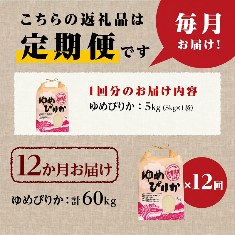 《令和7年産》12ヶ月連続お届け!ゆめぴりか5kg | 特A 白米 ブランド米 米 こめ コメ お米 ご飯 ごはん 単一米 滝川市 北海道 北海道産 道産 北海道米 定期便 生活応援 送料無料 おすすめ 人気 お弁当 贈答