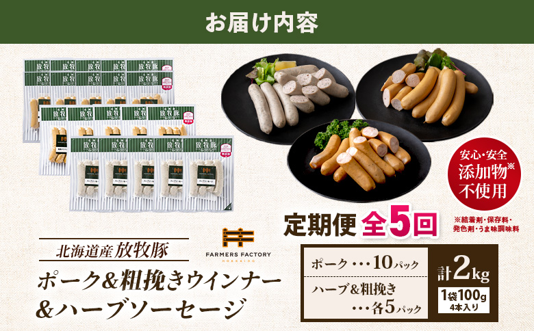 【定期便：5回】北海道産放牧豚 無添加ポークウインナー ×10パック＆粗挽きウインナー・ハーブソーセージ ×各5パック【12009901】