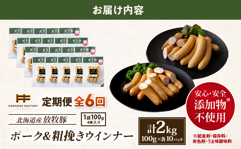 【定期便：6回】北海道産放牧豚 無添加ポークウインナー・粗挽きウインナー ×各10パック【12007001】
