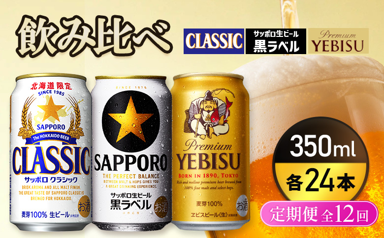 『飲み比べ定期便12回』サッポロクラシック・サッポロ黒ラベル・ヱビスビール 各350ml×24本【9300100018121121】