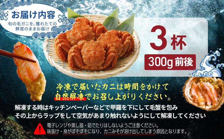【北海道産】『冷凍』毛ガニ300g前後×3杯【急速冷凍】【52007AA0101】