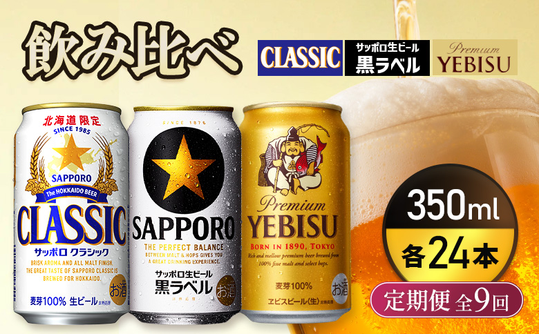 『飲み比べ定期便9回』サッポロクラシック・サッポロ黒ラベル・ヱビスビール 各350ml×24本【9300100018091121】