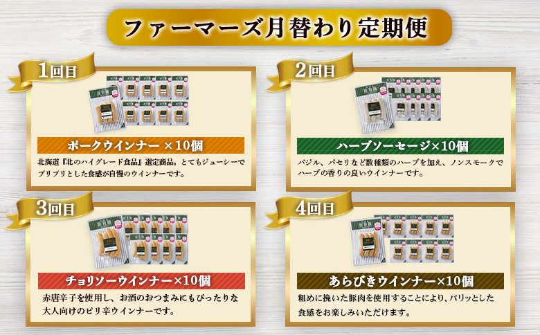 【定期便：4回】《毎月違うのが届く！》北海道産放牧豚 無添加ウインナー・ソーセージ定期便（4種各10個）【12010201】